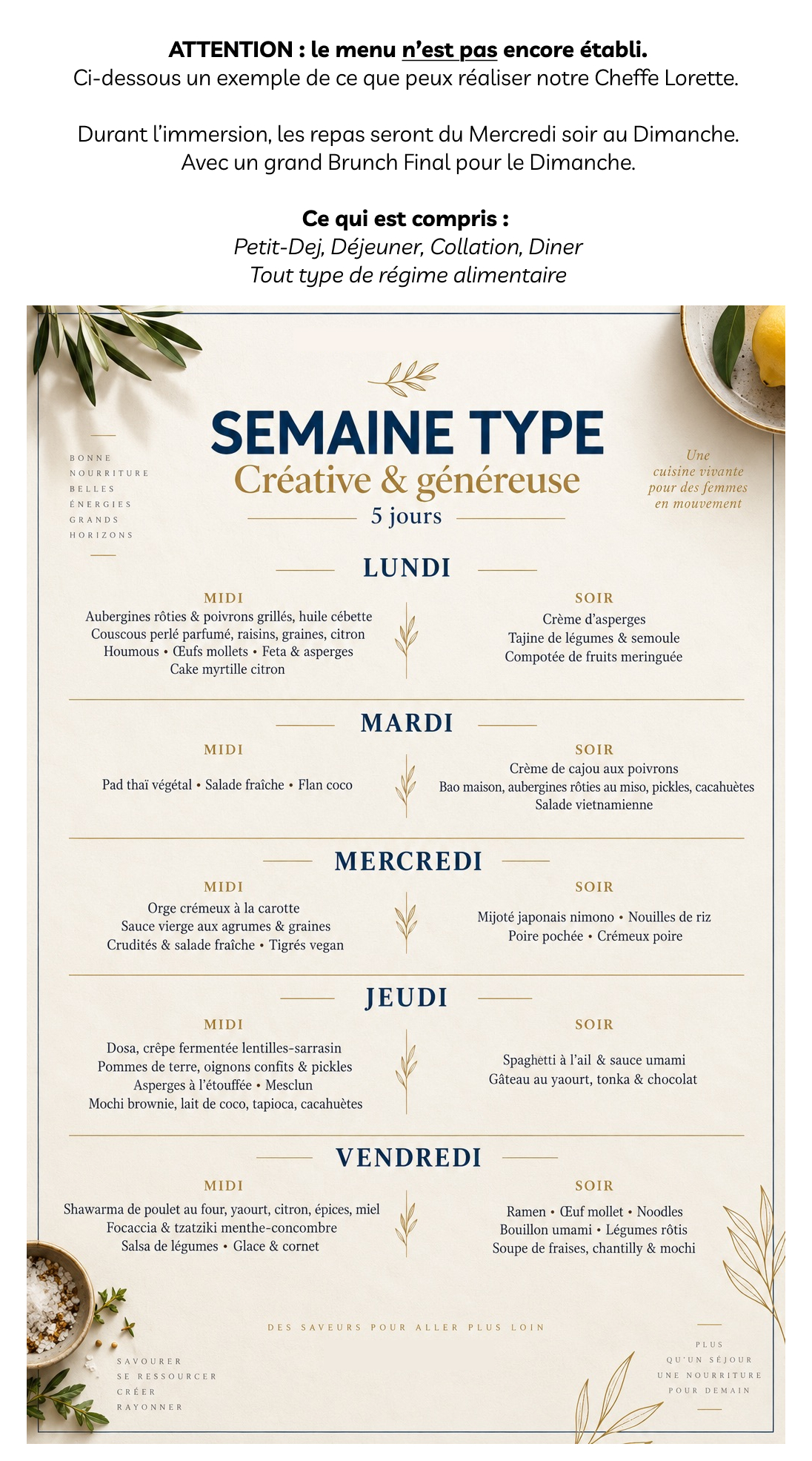 Exemple de menu de la semaine, Immersion Unit 2026, créative et généreuse